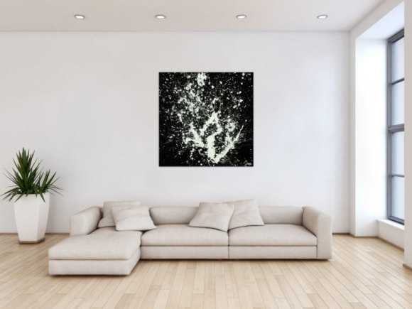 Gemälde Original abstrakt 100x100cm Minimalistisch Moderne Kunst auf Leinwand Action Painting schwarz weiß hochwertig