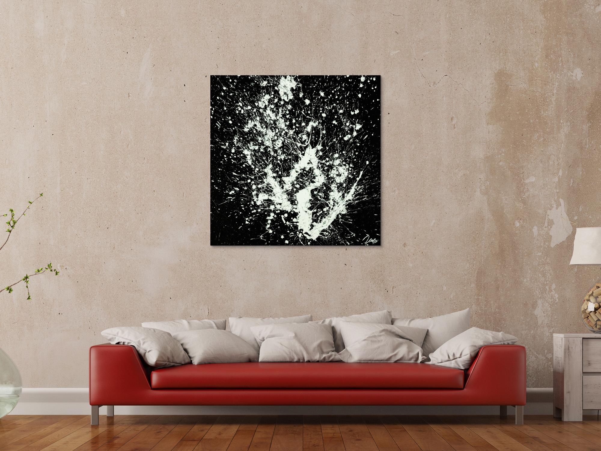 Gemälde Original abstrakt 100x100cm Minimalistisch Moderne Kunst auf Leinwand Action Painting schwarz weiß hochwertig