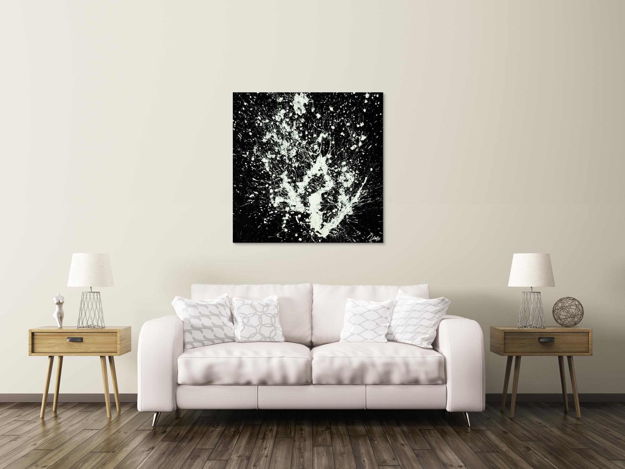 Gemälde Original abstrakt 100x100cm Minimalistisch Moderne Kunst auf Leinwand Action Painting schwarz weiß hochwertig