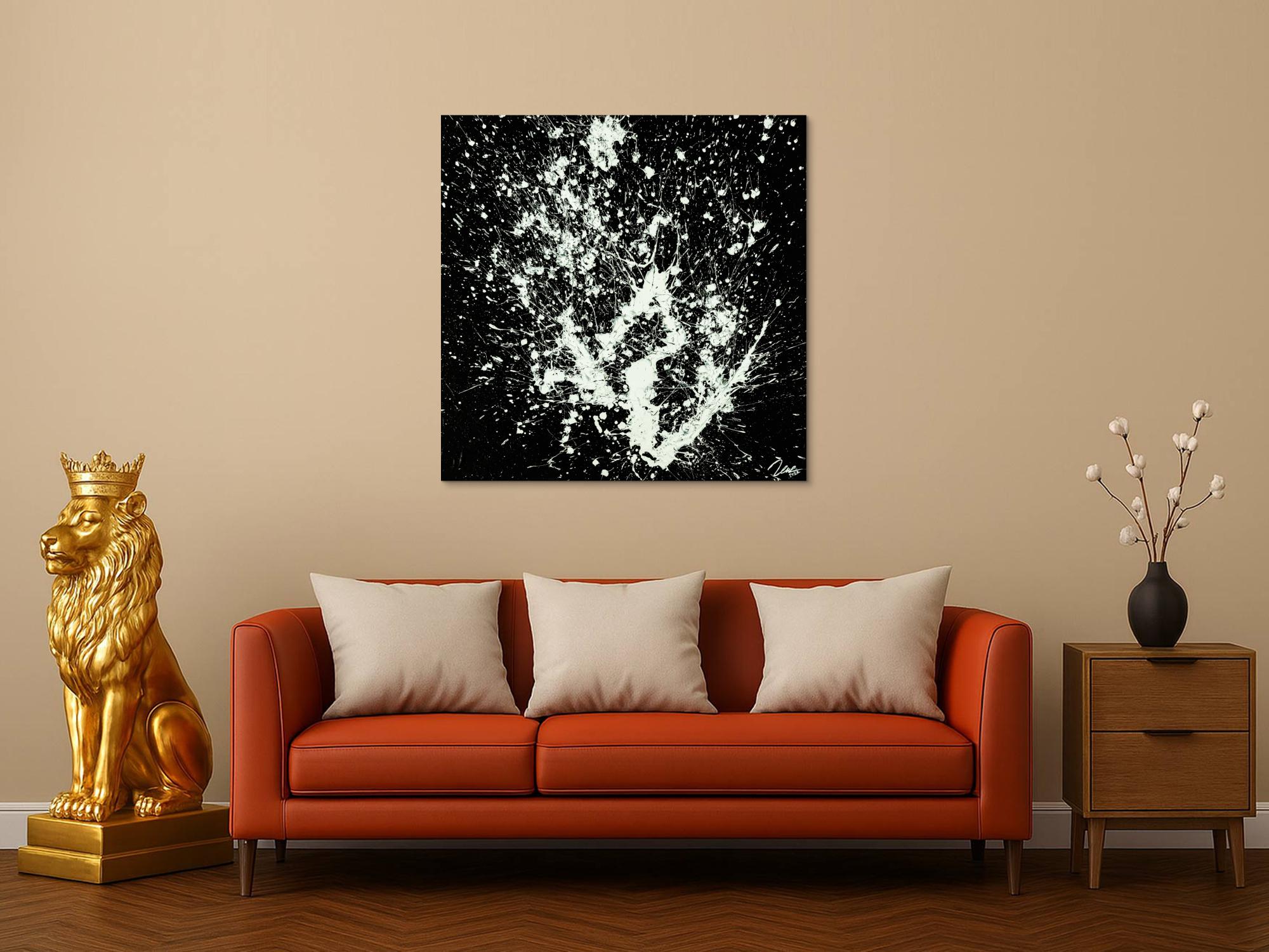 Gemälde Original abstrakt 100x100cm Minimalistisch Moderne Kunst auf Leinwand Action Painting schwarz weiß hochwertig