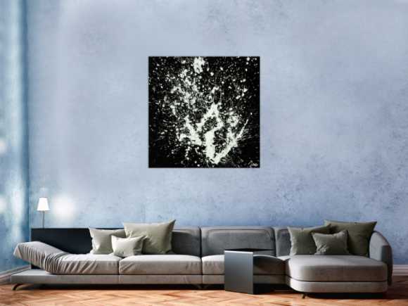 Gemälde Original abstrakt 100x100cm Minimalistisch Moderne Kunst auf Leinwand Action Painting schwarz weiß hochwertig