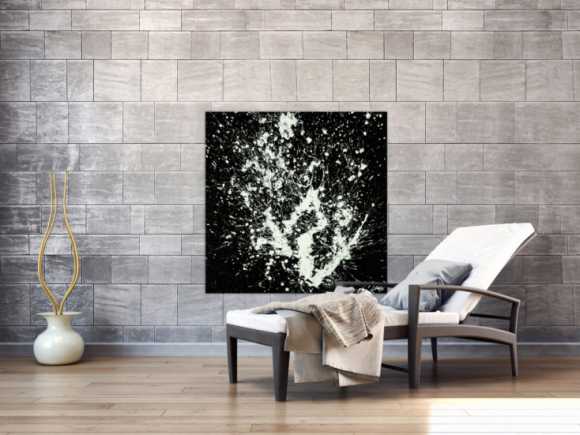 Gemälde Original abstrakt 100x100cm Minimalistisch Moderne Kunst auf Leinwand Action Painting schwarz weiß hochwertig