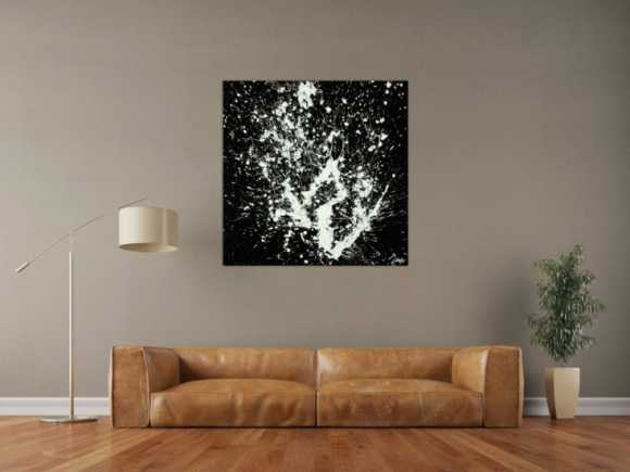 Gemälde Original abstrakt 100x100cm Minimalistisch Moderne Kunst auf Leinwand Action Painting schwarz weiß hochwertig