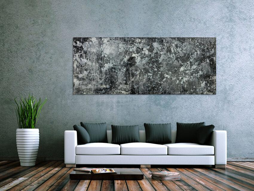 Gemälde Original abstrakt 80x200cm Minimalistisch Modern Art auf Leinwand Action Painting anthrazit schwarz grau hochwertig