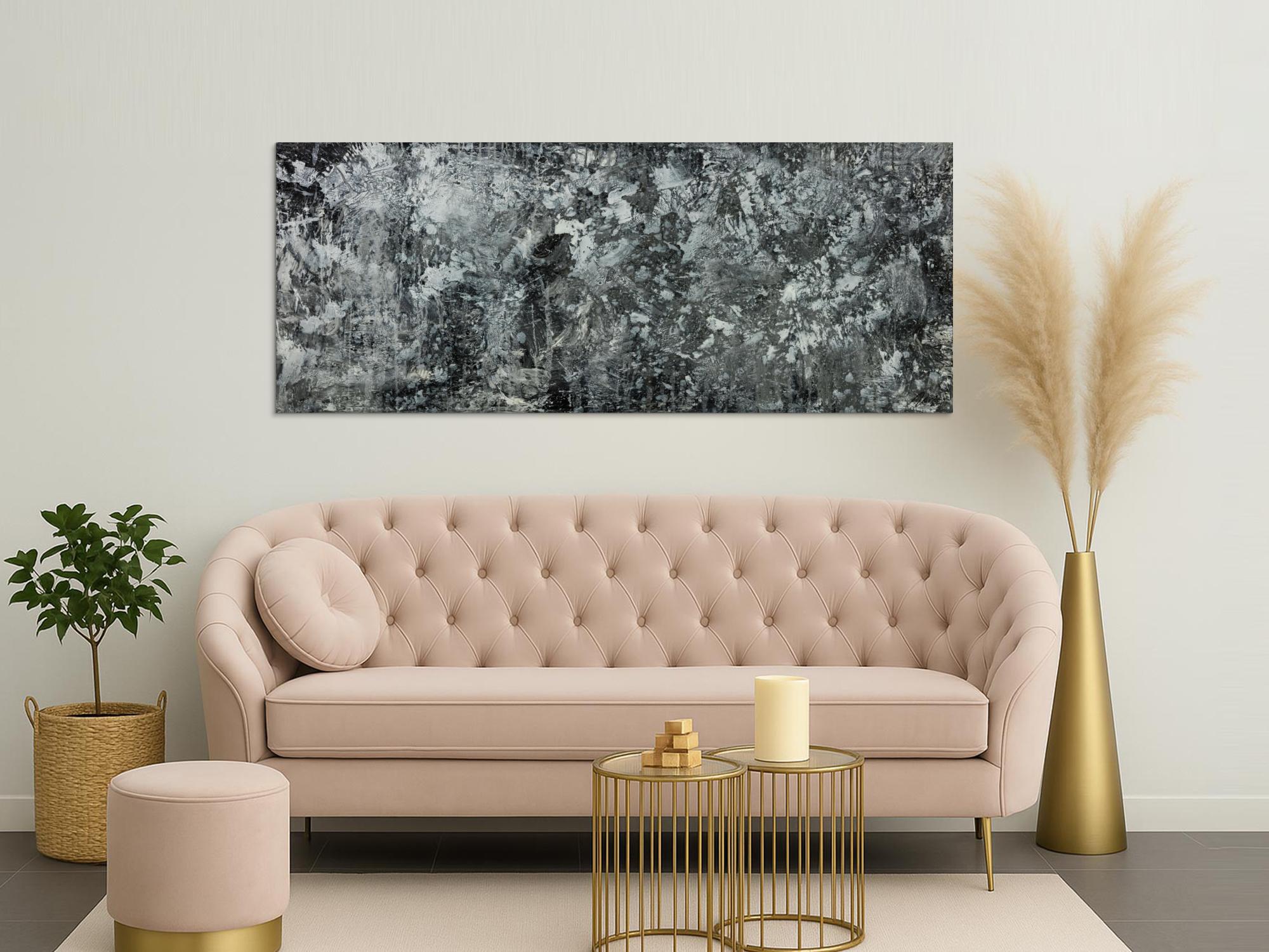 Gemälde Original abstrakt 80x200cm Minimalistisch Modern Art auf Leinwand Action Painting anthrazit schwarz grau hochwertig