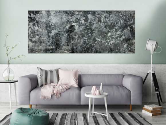 Gemälde Original abstrakt 80x200cm Minimalistisch Modern Art auf Leinwand Action Painting anthrazit schwarz grau hochwertig