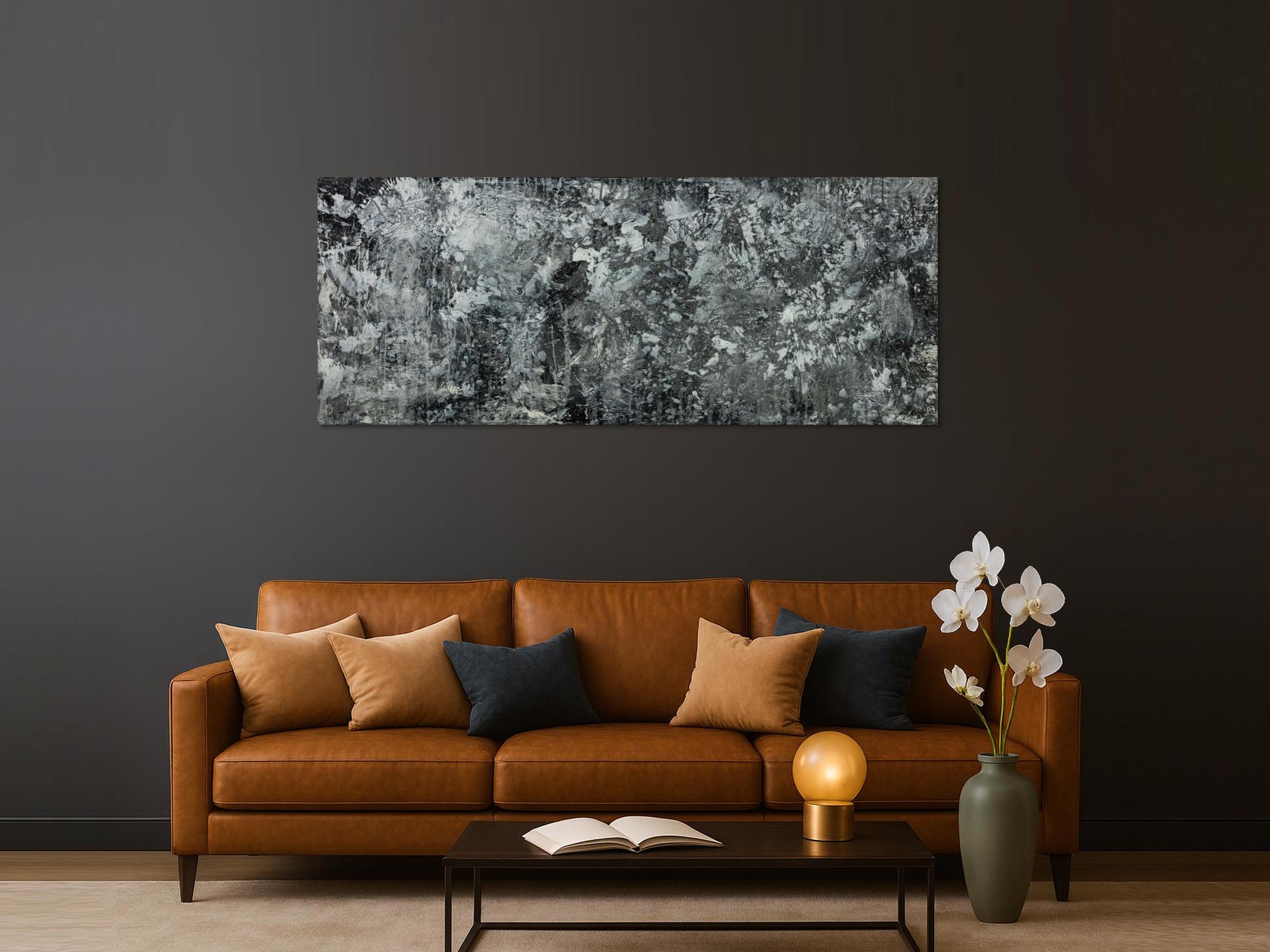 Gemälde Original abstrakt 80x200cm Minimalistisch Modern Art auf Leinwand Action Painting anthrazit schwarz grau hochwertig