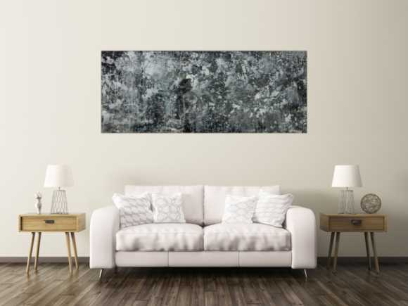 Gemälde Original abstrakt 80x200cm Minimalistisch Modern Art auf Leinwand Action Painting anthrazit schwarz grau hochwertig