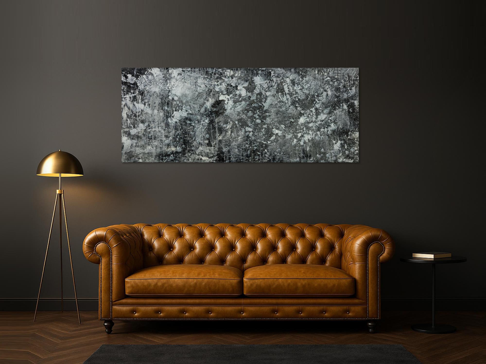 Gemälde Original abstrakt 80x200cm Minimalistisch Modern Art auf Leinwand Action Painting anthrazit schwarz grau hochwertig