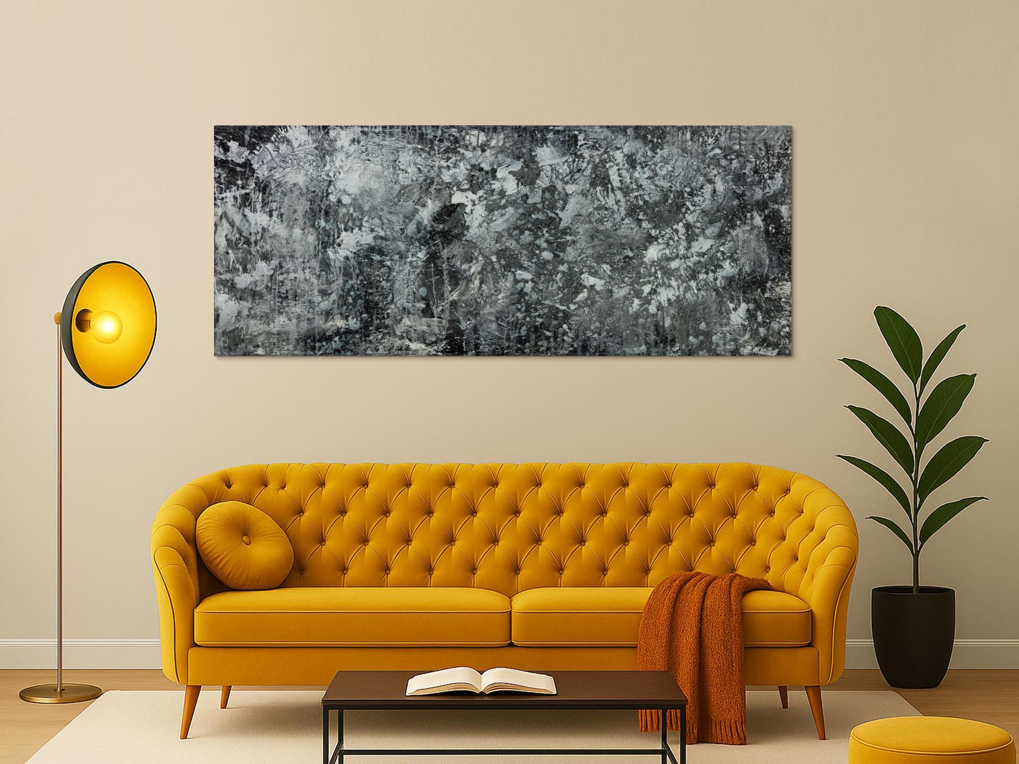 Gemälde Original abstrakt 80x200cm Minimalistisch Modern Art auf Leinwand Action Painting anthrazit schwarz grau hochwertig