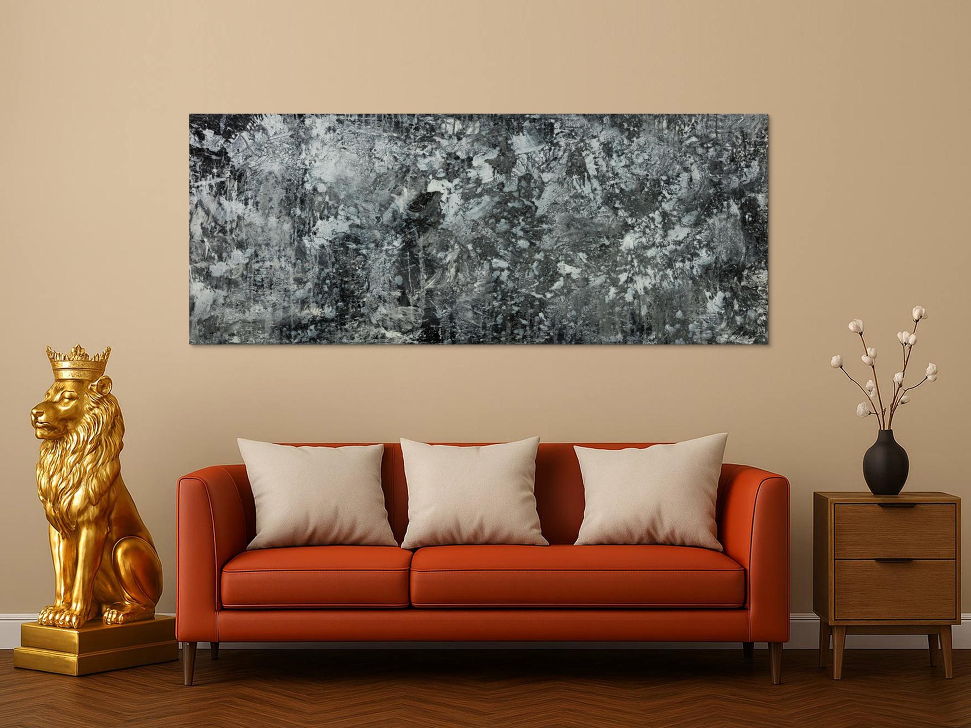 Gemälde Original abstrakt 80x200cm Minimalistisch Modern Art auf Leinwand Action Painting anthrazit schwarz grau hochwertig