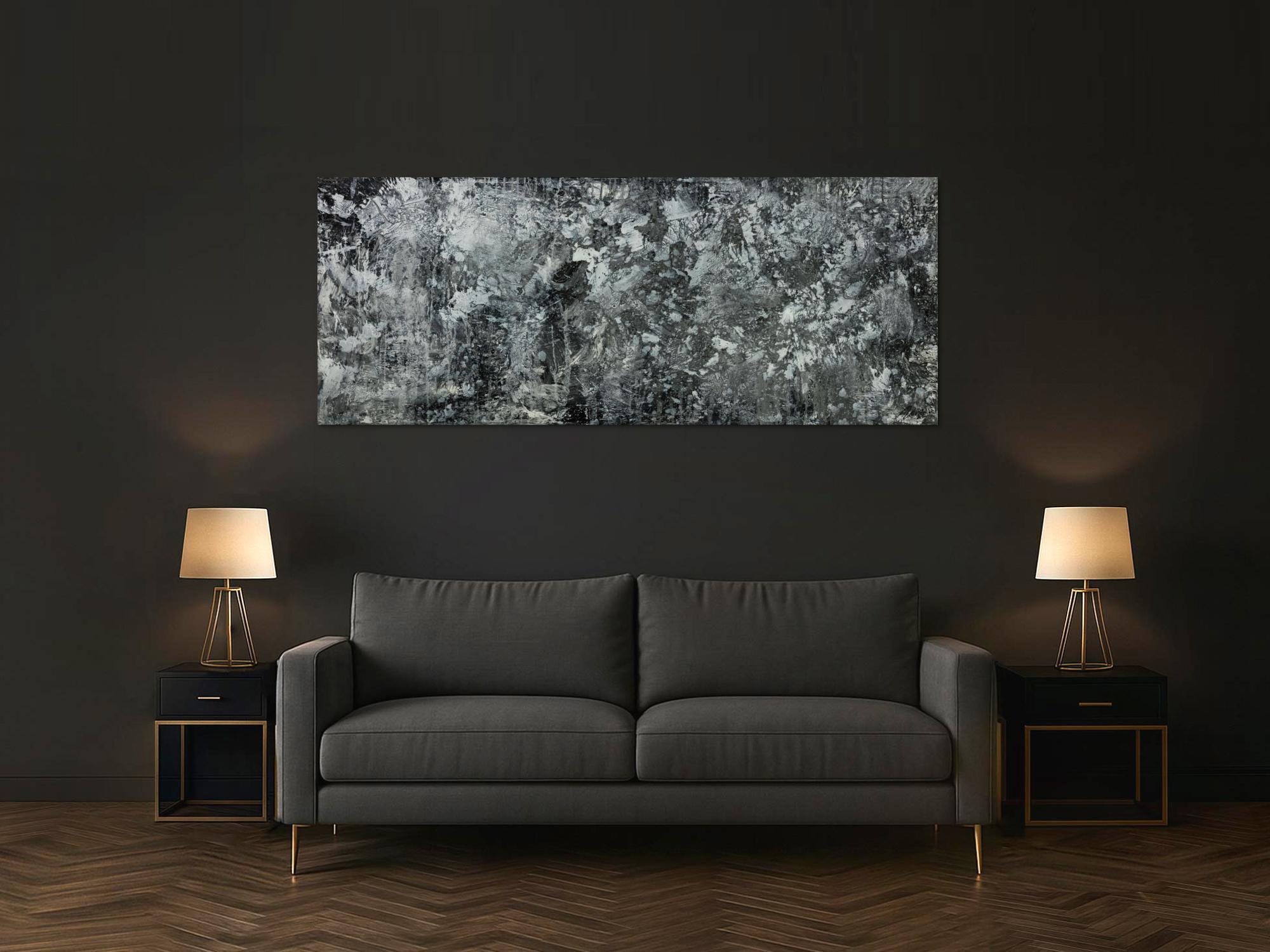 Gemälde Original abstrakt 80x200cm Minimalistisch Modern Art auf Leinwand Action Painting anthrazit schwarz grau hochwertig