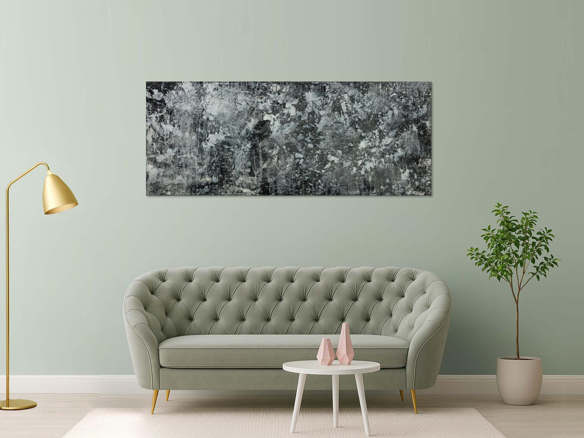Gemälde Original abstrakt 80x200cm Minimalistisch Modern Art auf Leinwand Action Painting anthrazit schwarz grau hochwertig