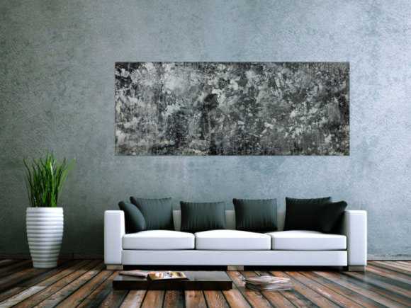 Gemälde Original abstrakt 80x200cm Minimalistisch Modern Art auf Leinwand Action Painting anthrazit schwarz grau hochwertig