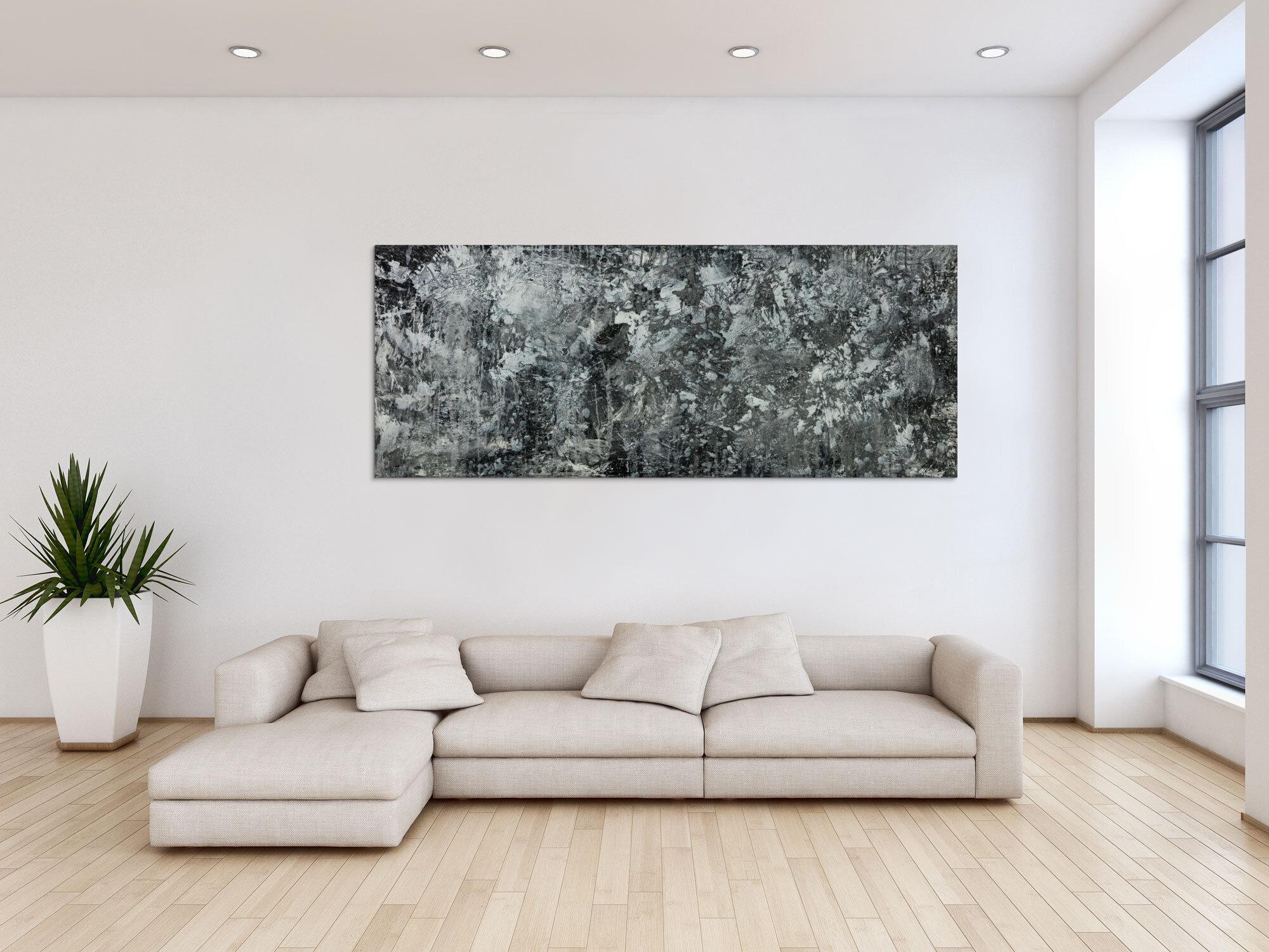 Gemälde Original abstrakt 80x200cm Minimalistisch Modern Art auf Leinwand Action Painting anthrazit schwarz grau hochwertig