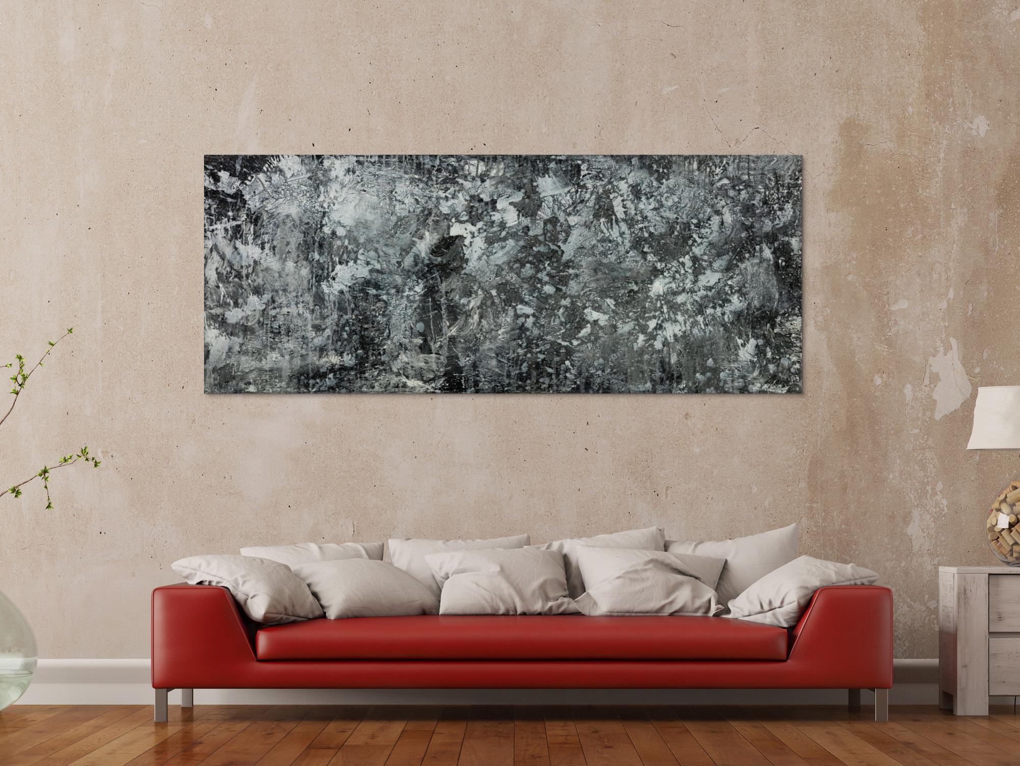 Gemälde Original abstrakt 80x200cm Minimalistisch Modern Art auf Leinwand Action Painting anthrazit schwarz grau hochwertig