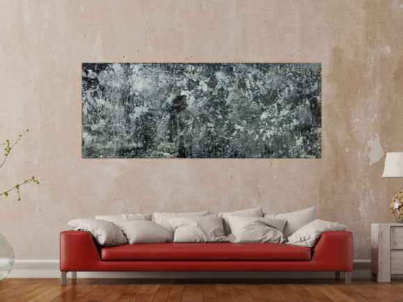 Gemälde Original abstrakt 80x200cm Minimalistisch Modern Art auf Leinwand Action Painting anthrazit schwarz grau hochwertig