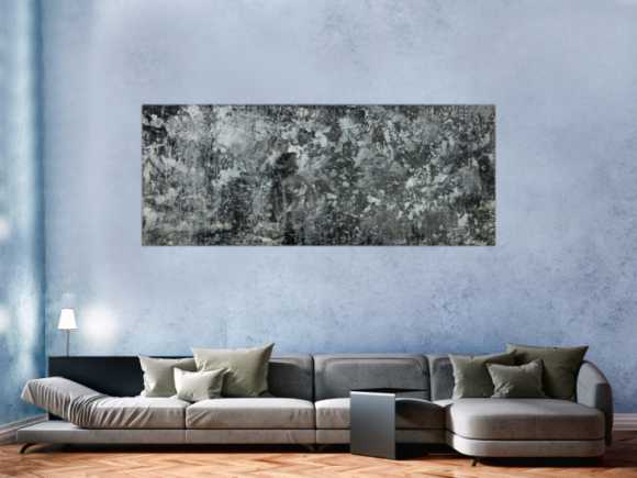 Gemälde Original abstrakt 80x200cm Minimalistisch Modern Art auf Leinwand Action Painting anthrazit schwarz grau hochwertig