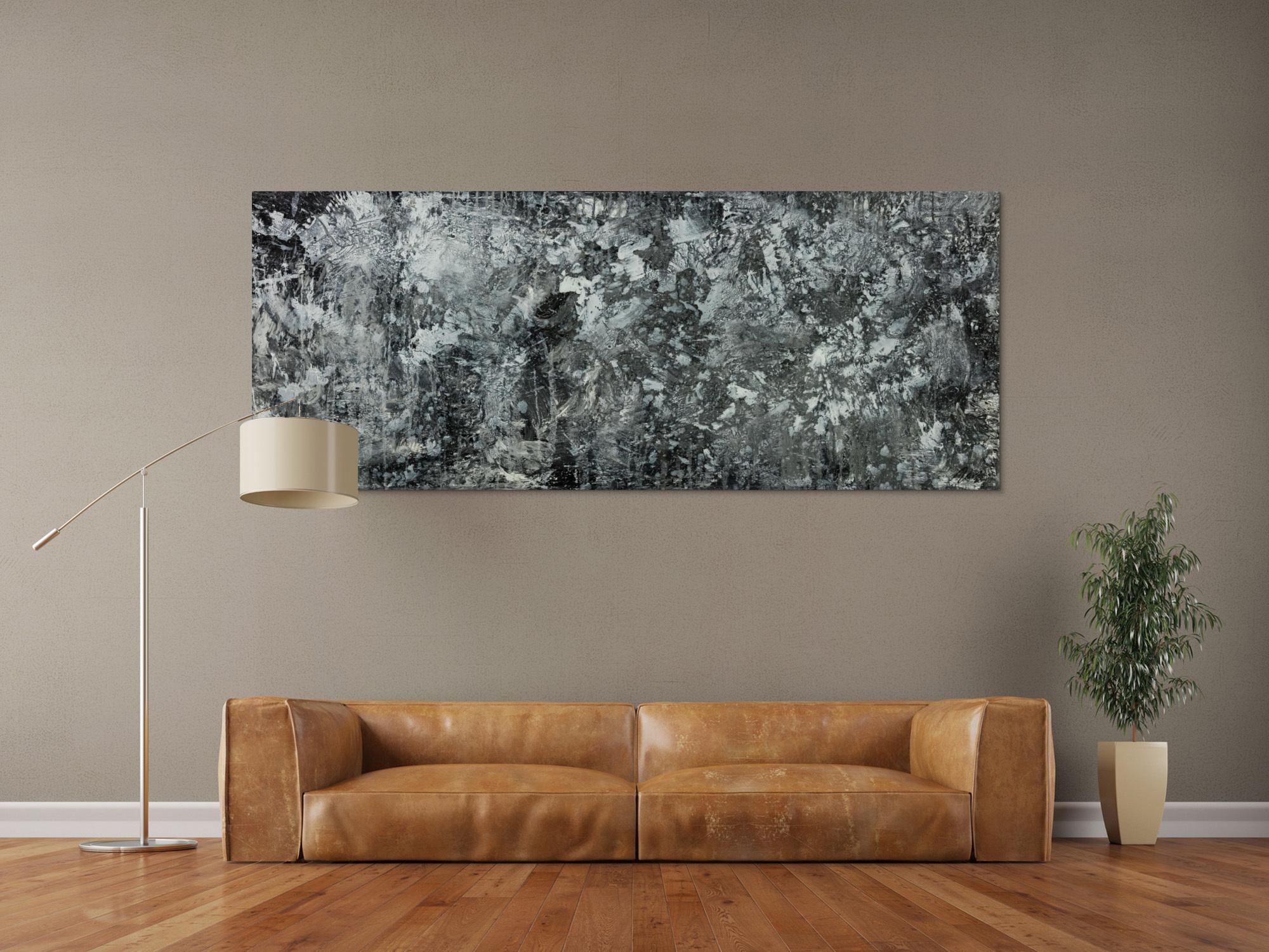 Gemälde Original abstrakt 80x200cm Minimalistisch Modern Art auf Leinwand Action Painting anthrazit schwarz grau hochwertig