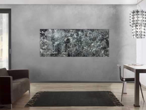 Gemälde Original abstrakt 80x200cm Minimalistisch Modern Art auf Leinwand Action Painting anthrazit schwarz grau hochwertig