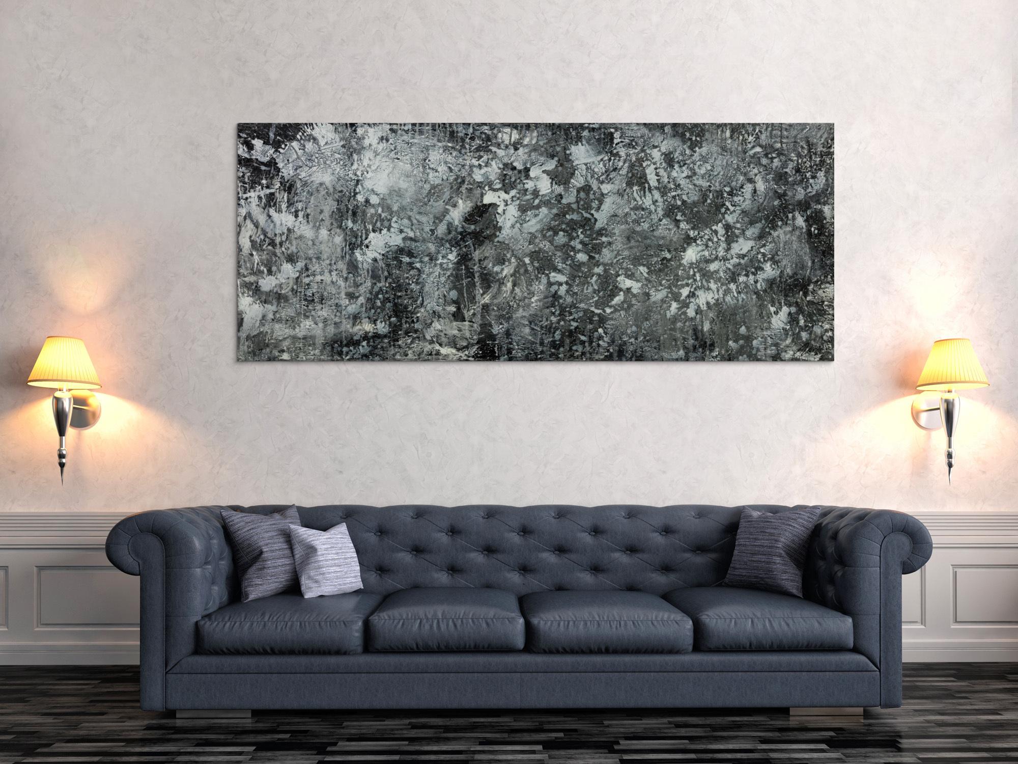 Gemälde Original abstrakt 80x200cm Minimalistisch Modern Art auf Leinwand Action Painting anthrazit schwarz grau hochwertig