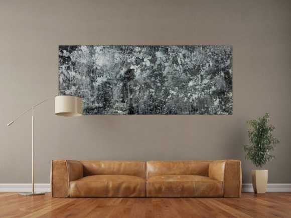 Gemälde Original abstrakt 80x200cm Minimalistisch Modern Art auf Leinwand Action Painting anthrazit schwarz grau hochwertig