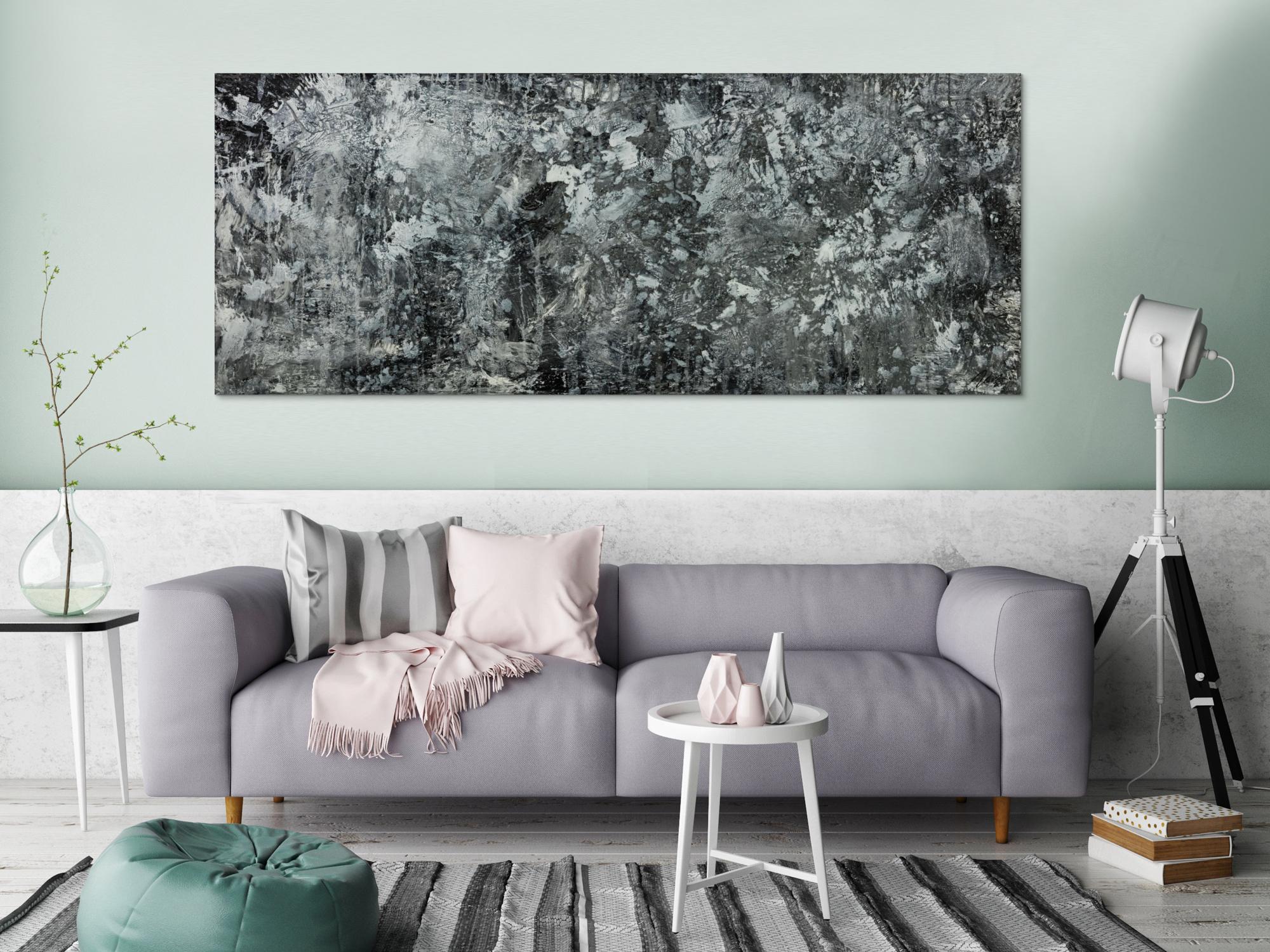 Gemälde Original abstrakt 80x200cm Minimalistisch Modern Art auf Leinwand Action Painting anthrazit schwarz grau hochwertig