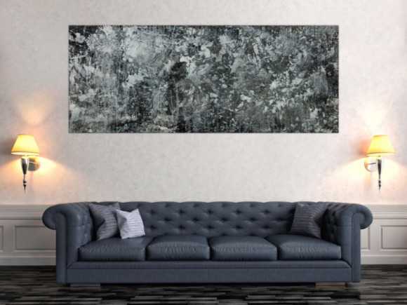 Gemälde Original abstrakt 80x200cm Minimalistisch Modern Art auf Leinwand Action Painting anthrazit schwarz grau hochwertig