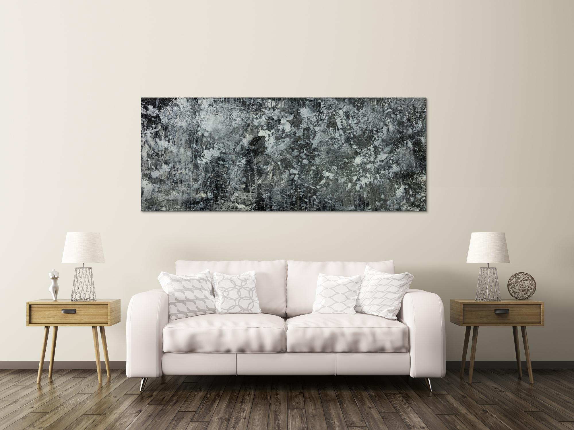 Gemälde Original abstrakt 80x200cm Minimalistisch Modern Art auf Leinwand Action Painting anthrazit schwarz grau hochwertig
