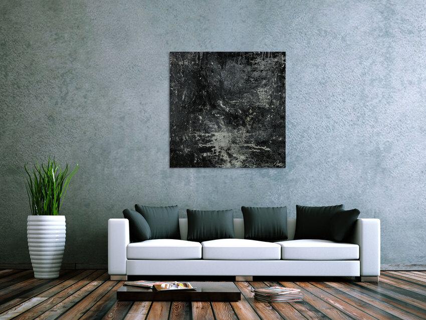 Gemälde Original abstrakt 100x100cm Minimalistisch Modern Art handgemalt Action Painting schwarz anthrazit einzigartig