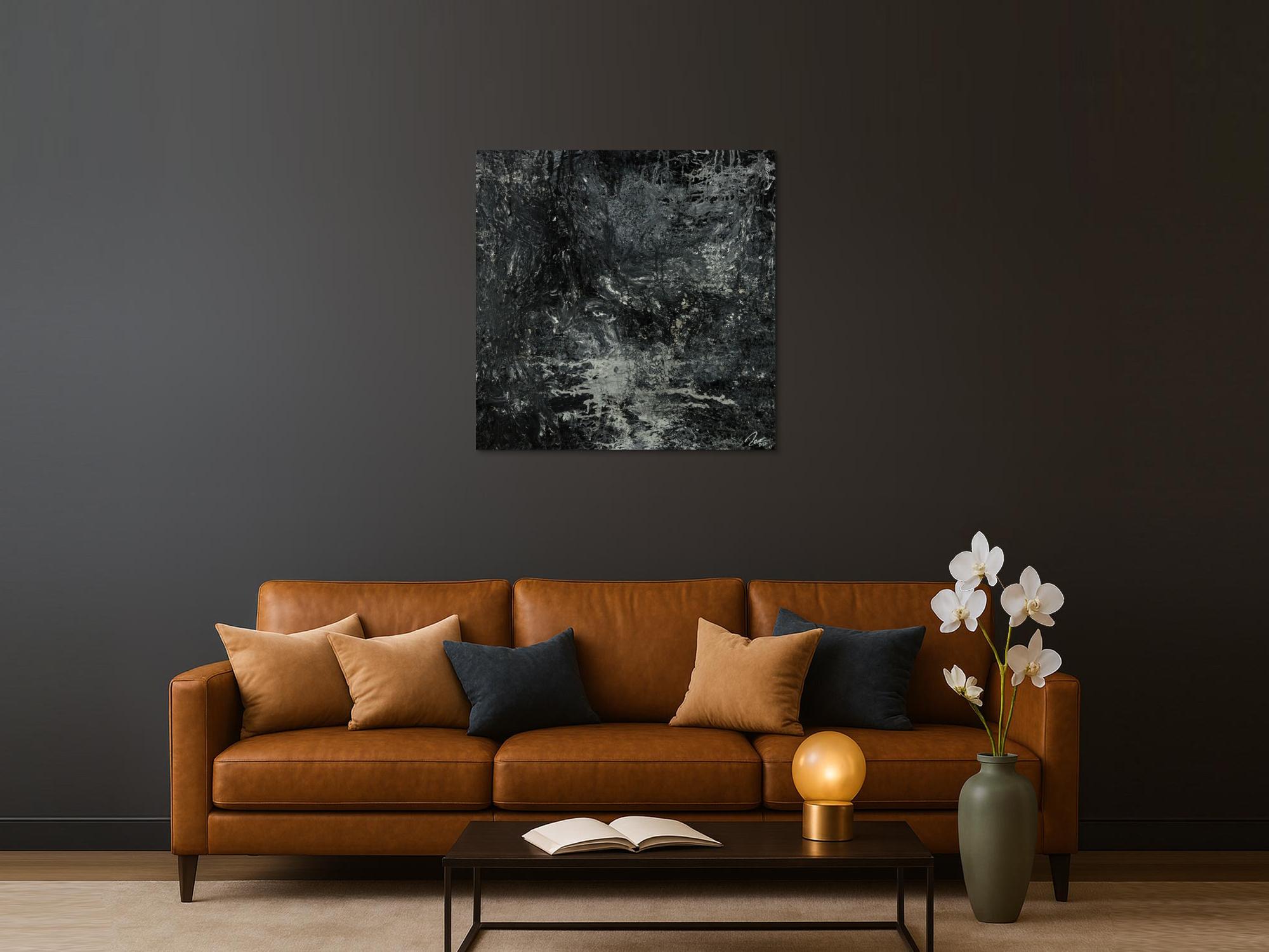 Gemälde Original abstrakt 100x100cm Minimalistisch Modern Art handgemalt Action Painting schwarz anthrazit einzigartig