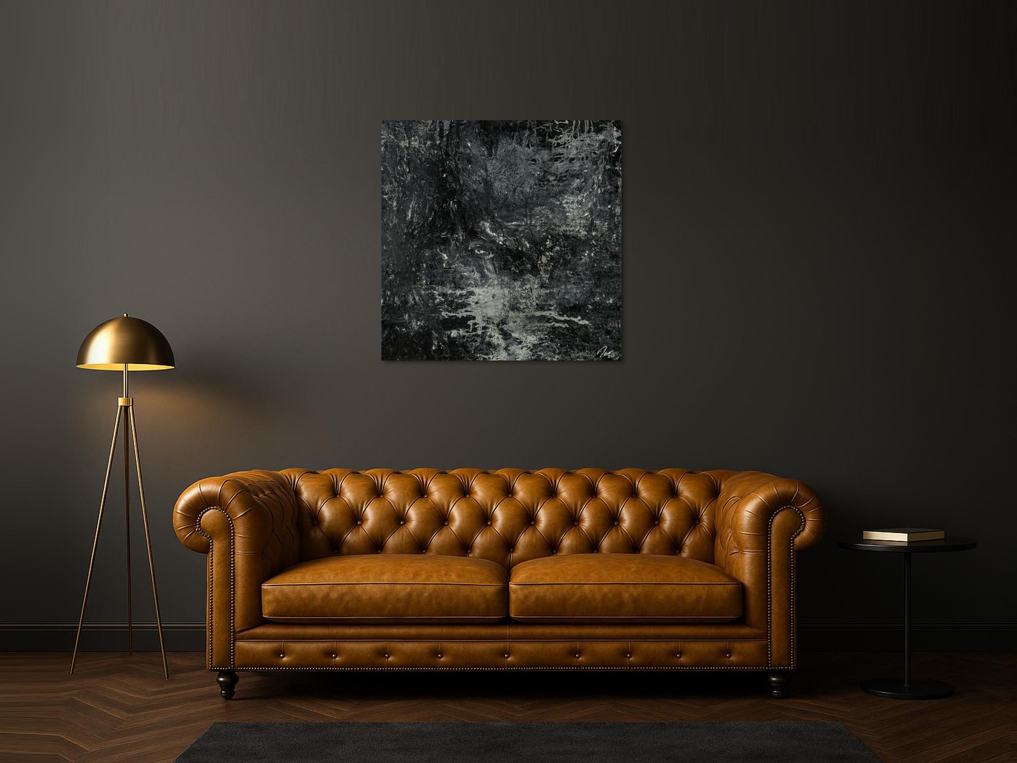 Gemälde Original abstrakt 100x100cm Minimalistisch Modern Art handgemalt Action Painting schwarz anthrazit einzigartig