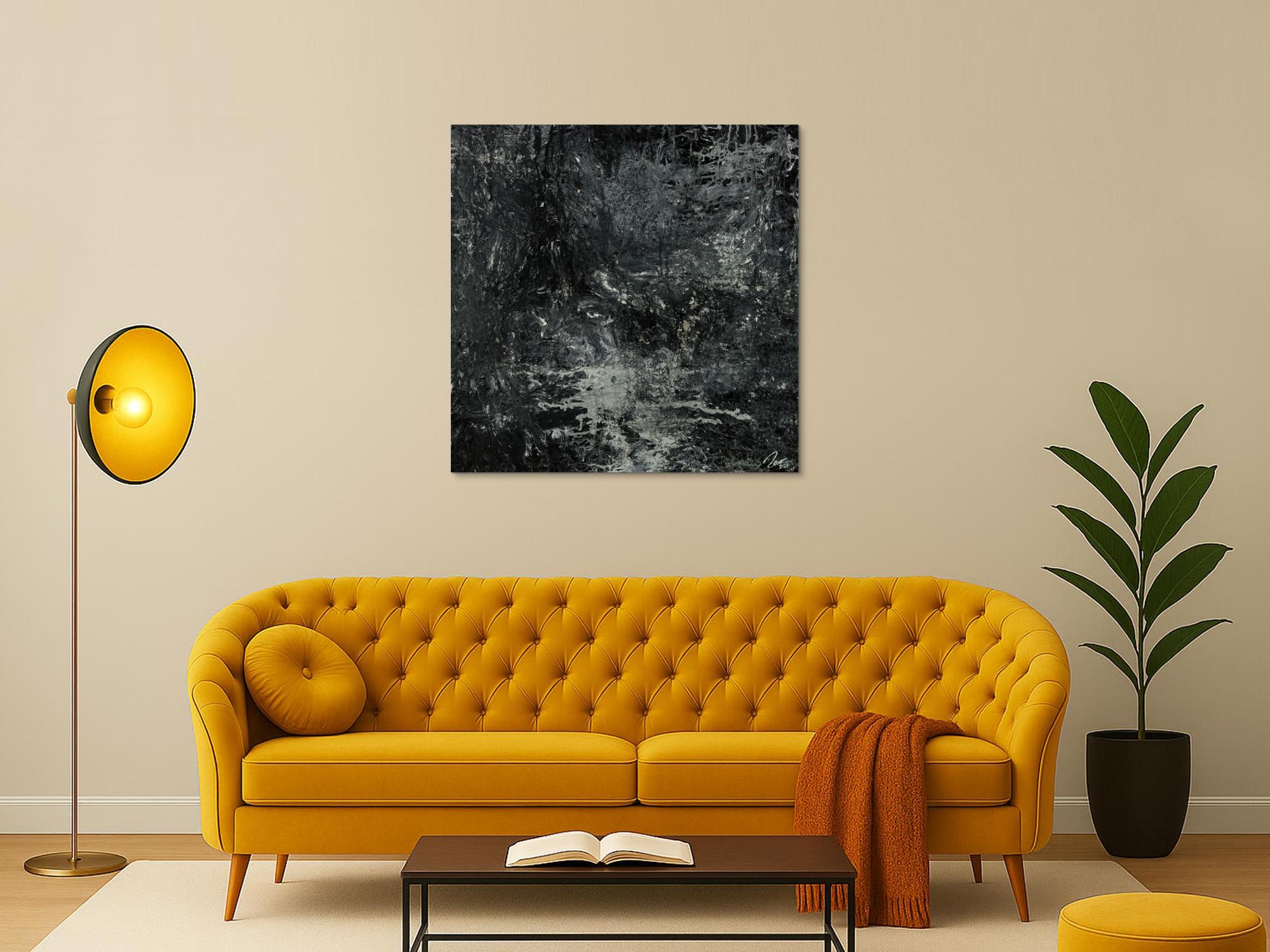 Gemälde Original abstrakt 100x100cm Minimalistisch Modern Art handgemalt Action Painting schwarz anthrazit einzigartig