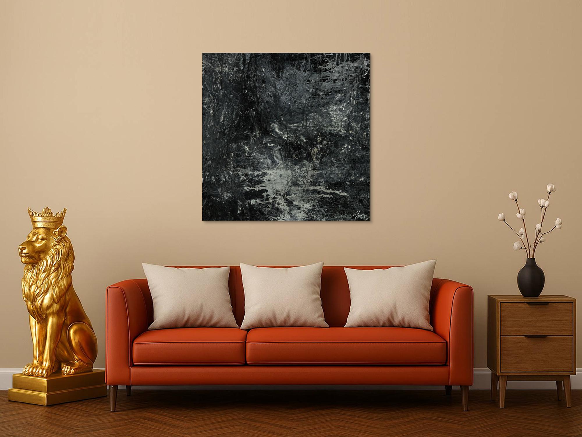 Gemälde Original abstrakt 100x100cm Minimalistisch Modern Art handgemalt Action Painting schwarz anthrazit einzigartig