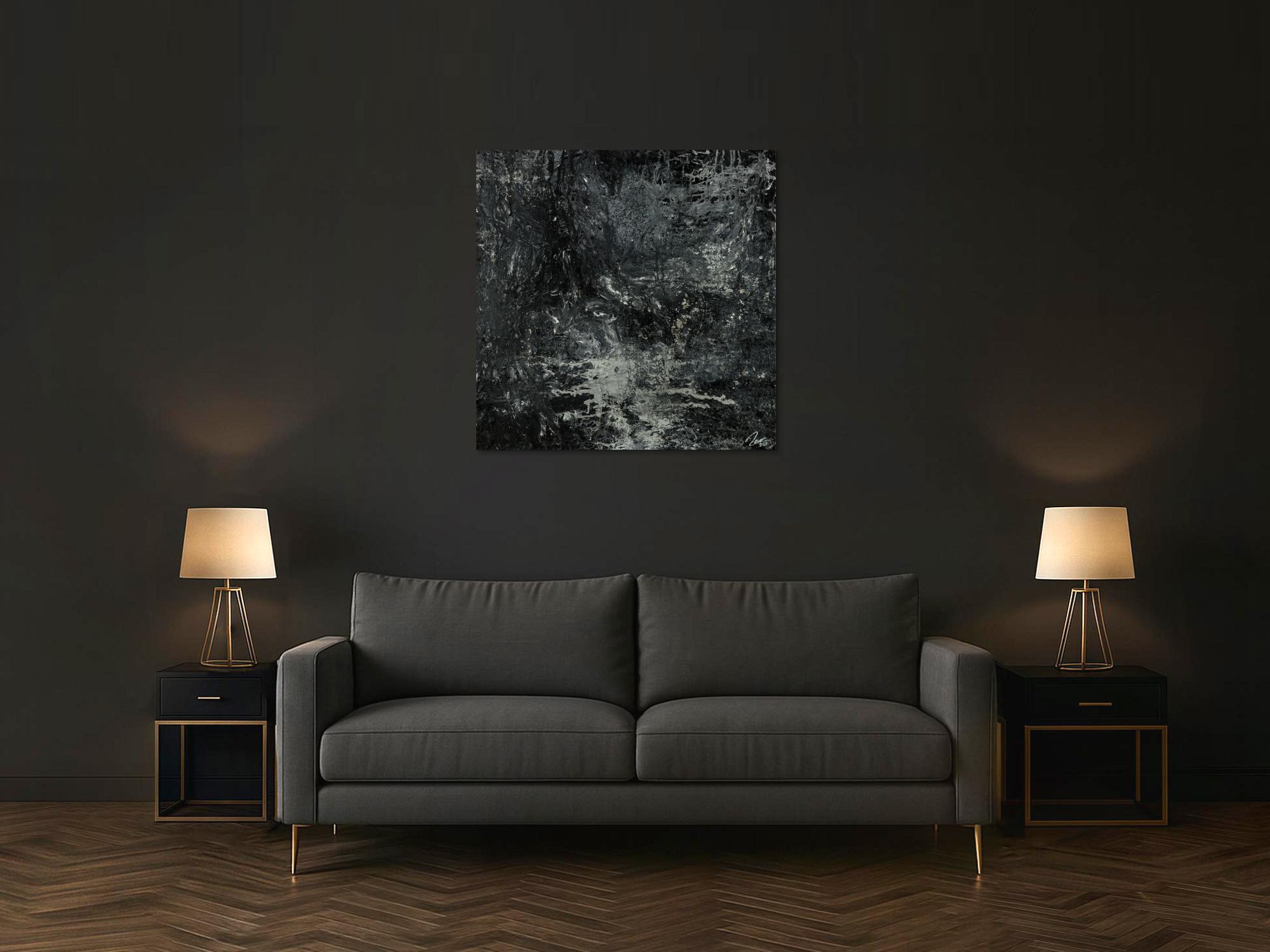 Gemälde Original abstrakt 100x100cm Minimalistisch Modern Art handgemalt Action Painting schwarz anthrazit einzigartig