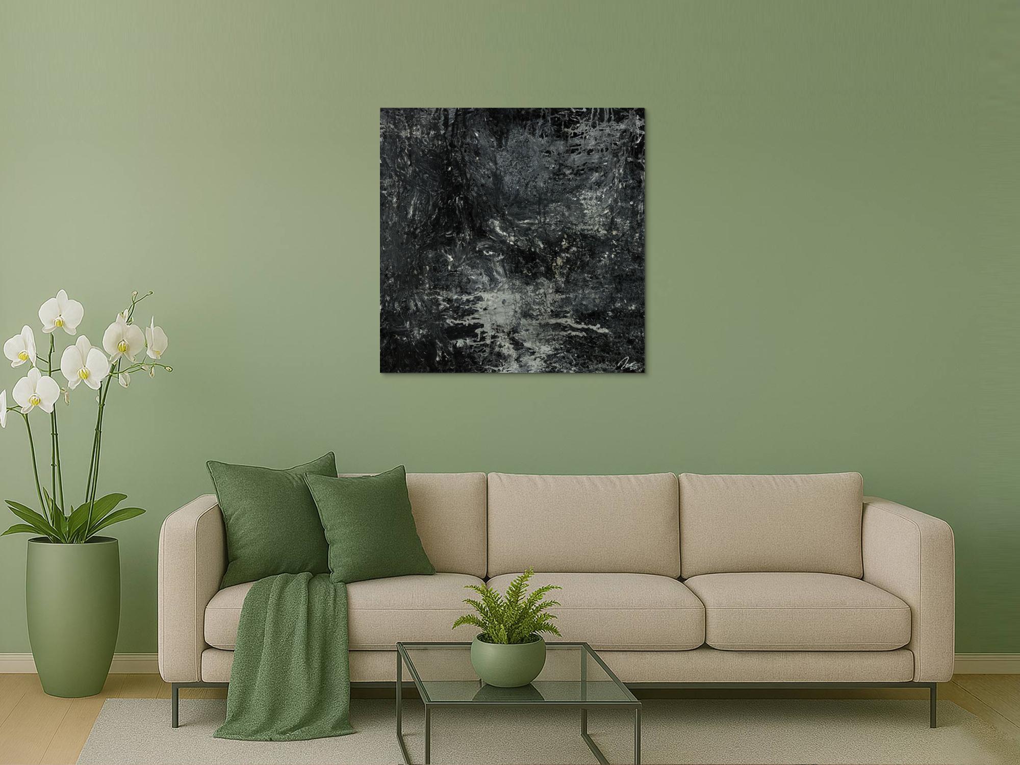 Gemälde Original abstrakt 100x100cm Minimalistisch Modern Art handgemalt Action Painting schwarz anthrazit einzigartig