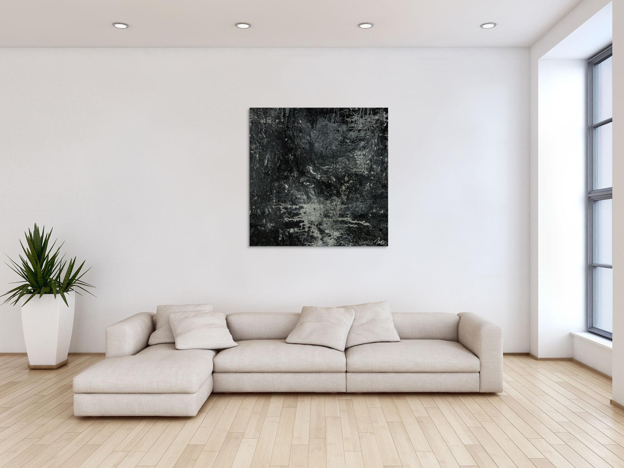 Gemälde Original abstrakt 100x100cm Minimalistisch Modern Art handgemalt Action Painting schwarz anthrazit einzigartig