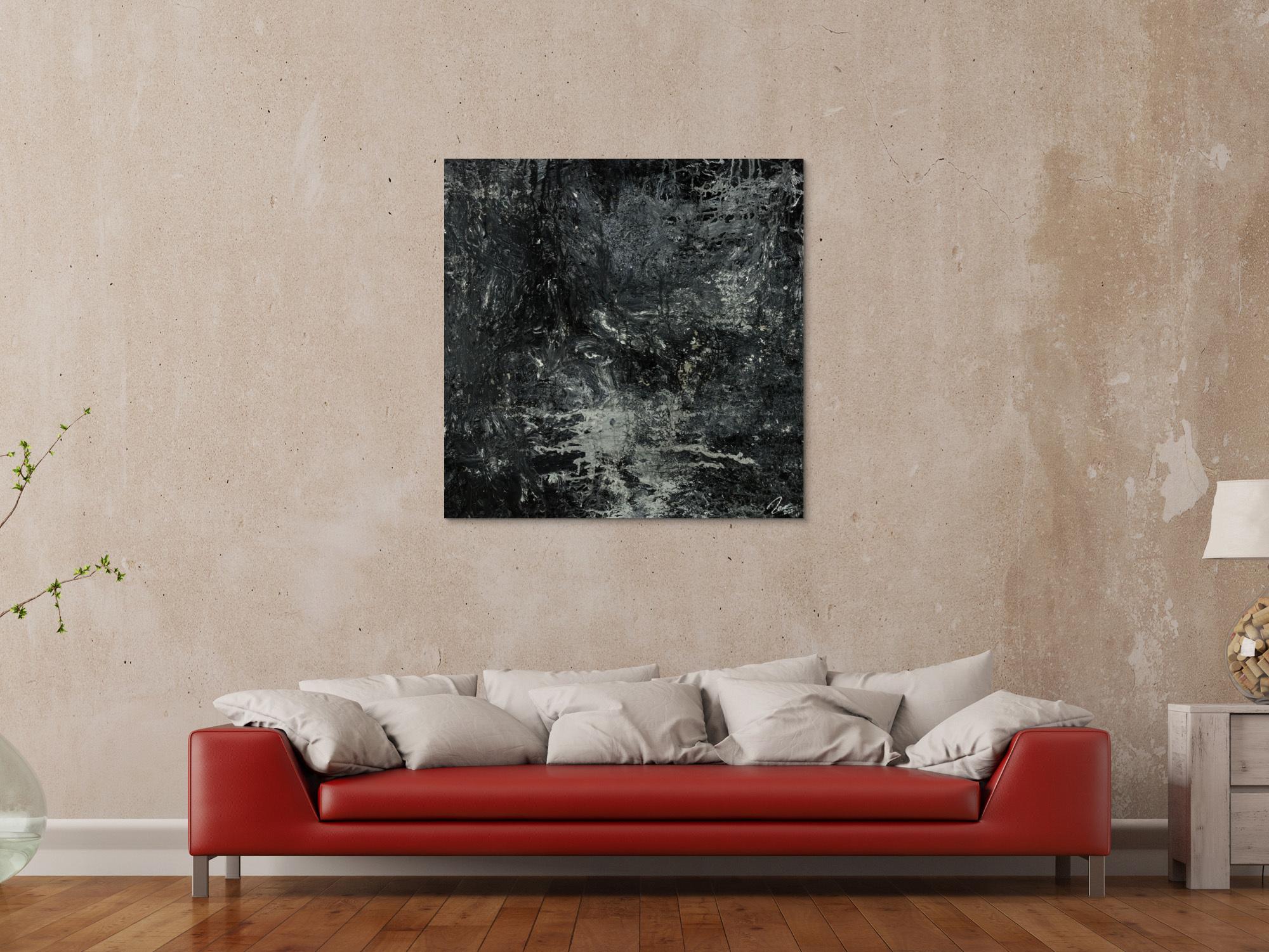 Gemälde Original abstrakt 100x100cm Minimalistisch Modern Art handgemalt Action Painting schwarz anthrazit einzigartig