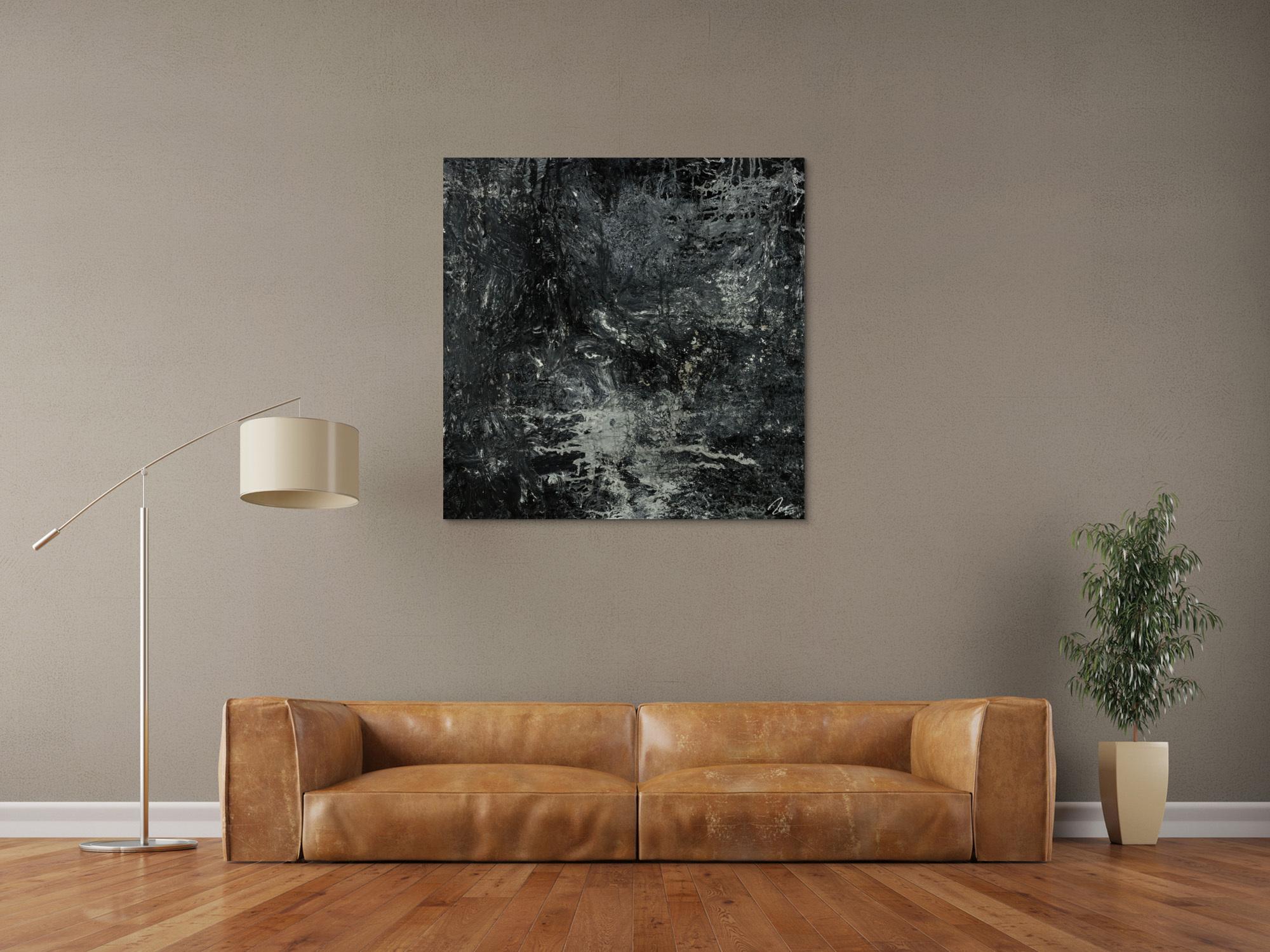 Gemälde Original abstrakt 100x100cm Minimalistisch Modern Art handgemalt Action Painting schwarz anthrazit einzigartig