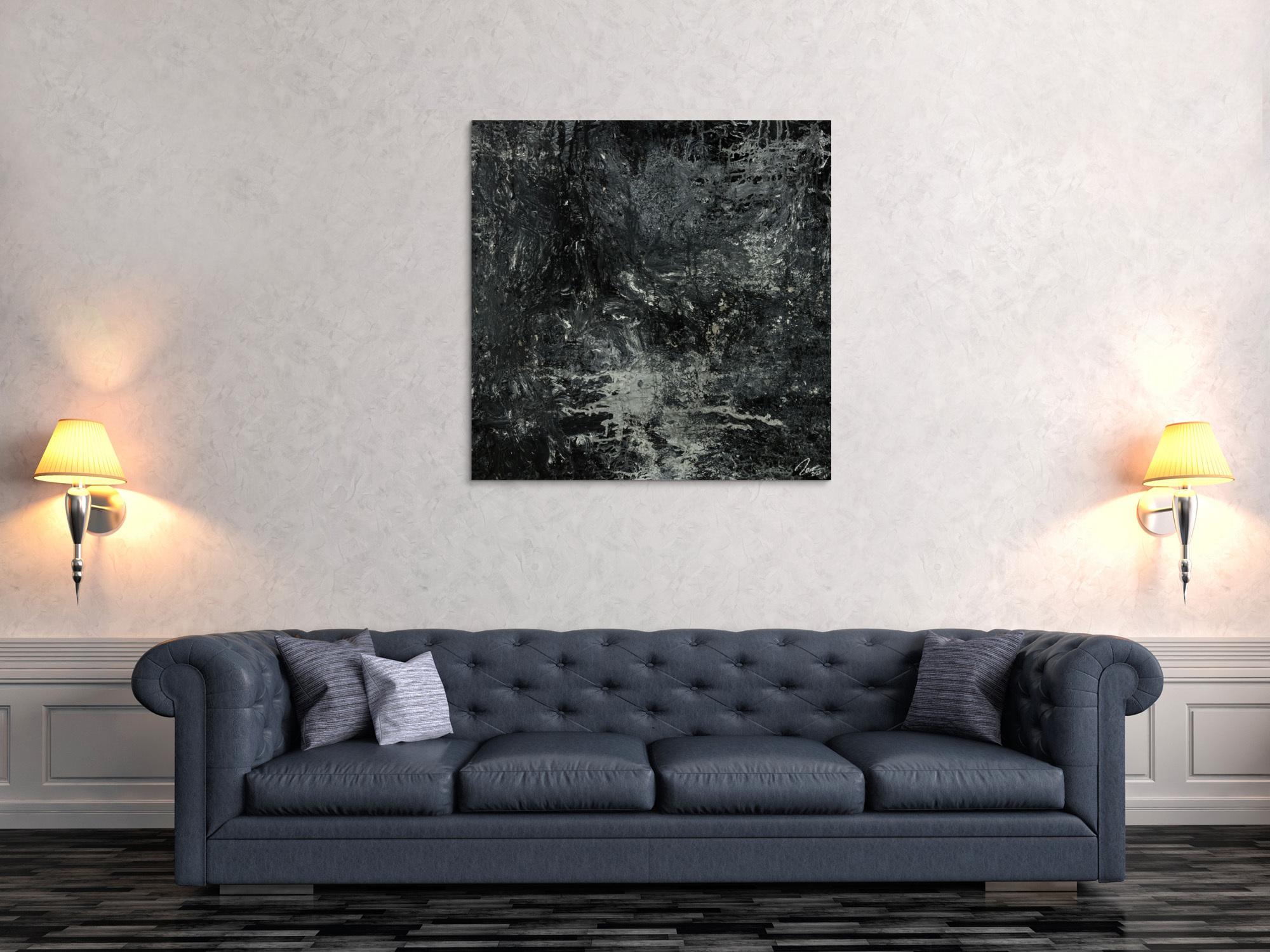 Gemälde Original abstrakt 100x100cm Minimalistisch Modern Art handgemalt Action Painting schwarz anthrazit einzigartig