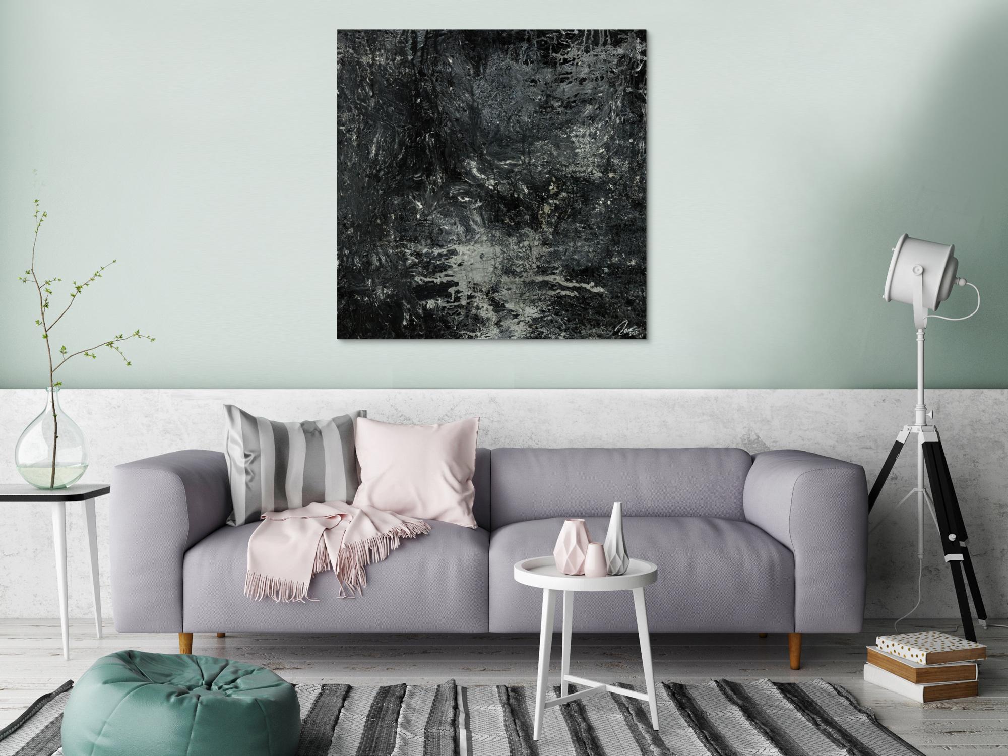 Gemälde Original abstrakt 100x100cm Minimalistisch Modern Art handgemalt Action Painting schwarz anthrazit einzigartig