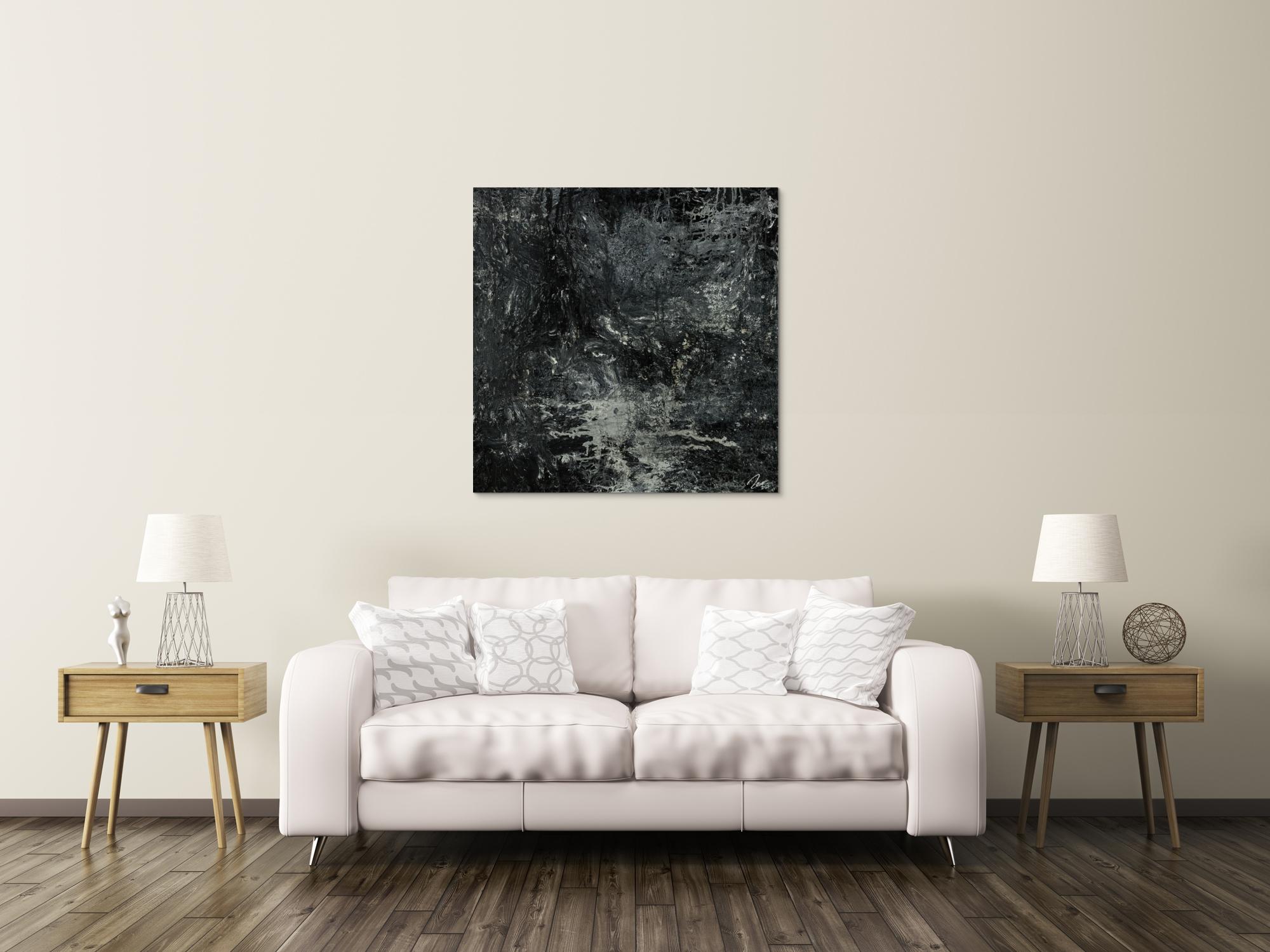 Gemälde Original abstrakt 100x100cm Minimalistisch Modern Art handgemalt Action Painting schwarz anthrazit einzigartig