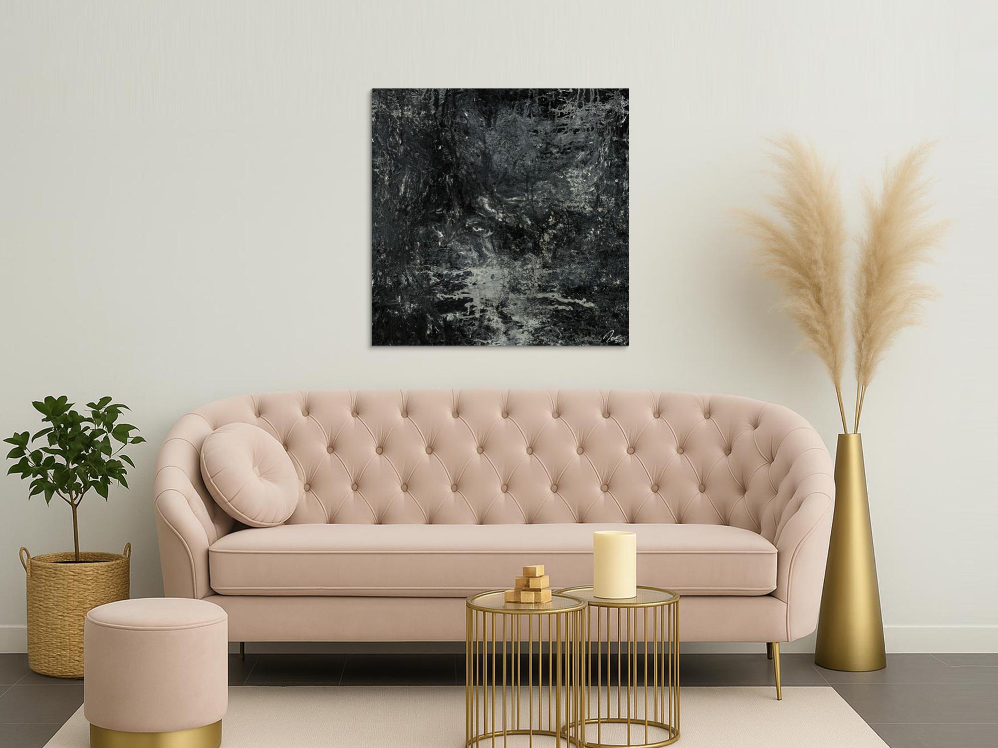 Gemälde Original abstrakt 100x100cm Minimalistisch Modern Art handgemalt Action Painting schwarz anthrazit einzigartig