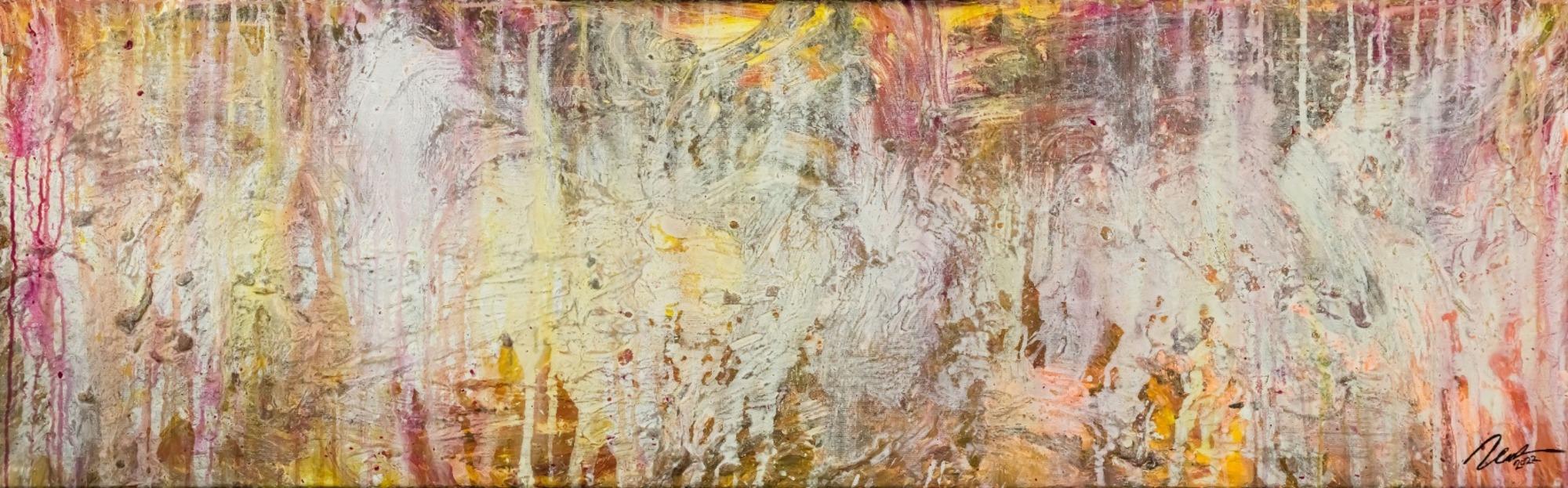 Abstraktes Original Gemälde 50x160cm Minimalistisch Moderne Kunst auf Leinwand Action Painting beige weiß braun hochwertig