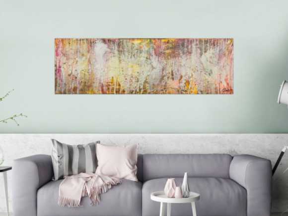 Abstraktes Original Gemälde 50x160cm Minimalistisch Moderne Kunst auf Leinwand Action Painting beige weiß braun hochwertig