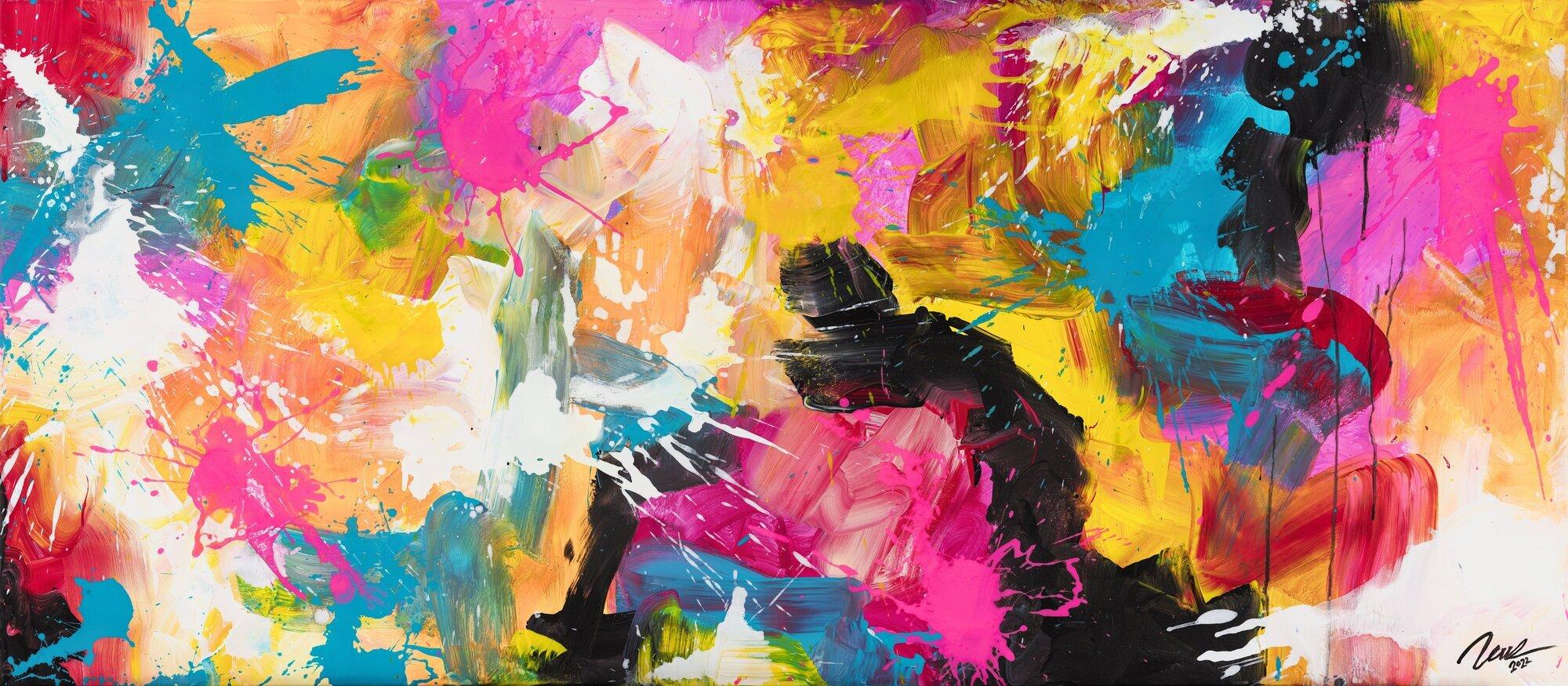 Gemälde Original abstrakt 70x160cm Minimalistisch Modern Art handgemalt Action Painting schwarz orange rot Unikat