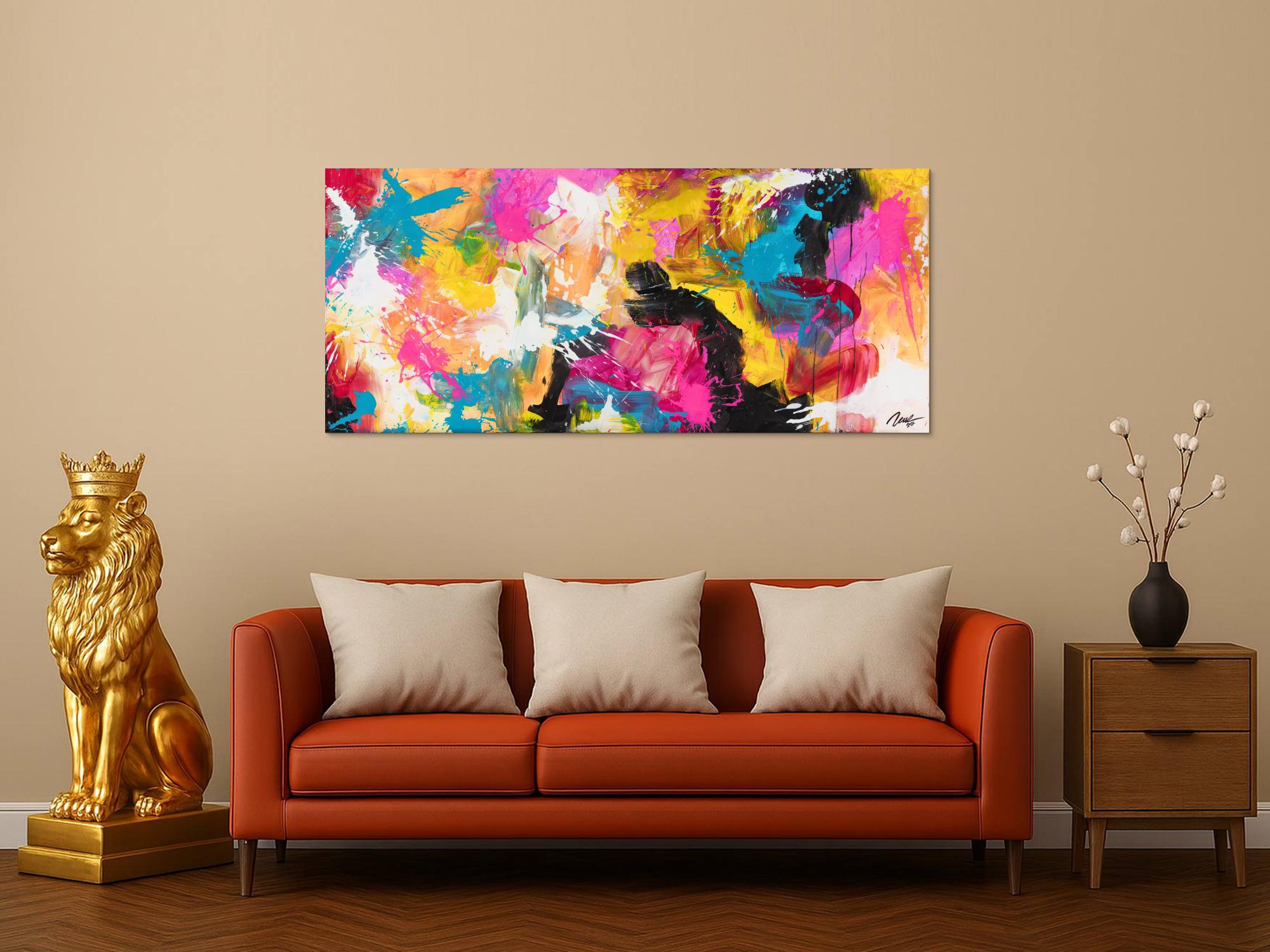 Gemälde Original abstrakt 70x160cm Minimalistisch Modern Art handgemalt Action Painting schwarz orange rot Unikat