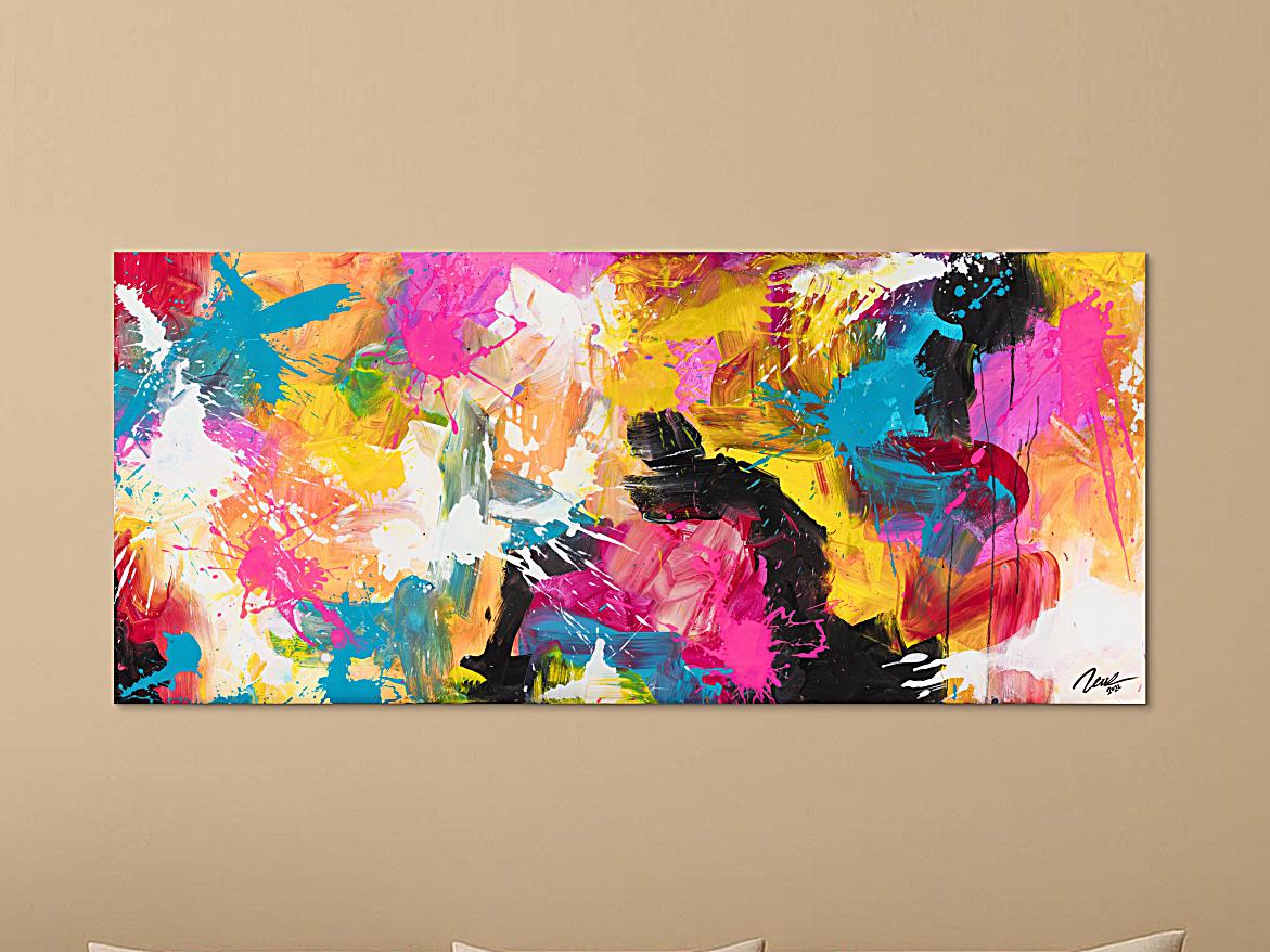 Gemälde Original abstrakt 70x160cm Minimalistisch Modern Art handgemalt Action Painting schwarz orange rot Unikat