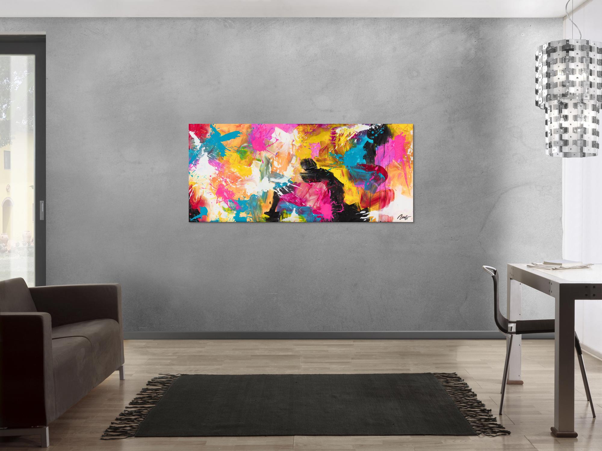 Gemälde Original abstrakt 70x160cm Minimalistisch Modern Art handgemalt Action Painting schwarz orange rot Unikat