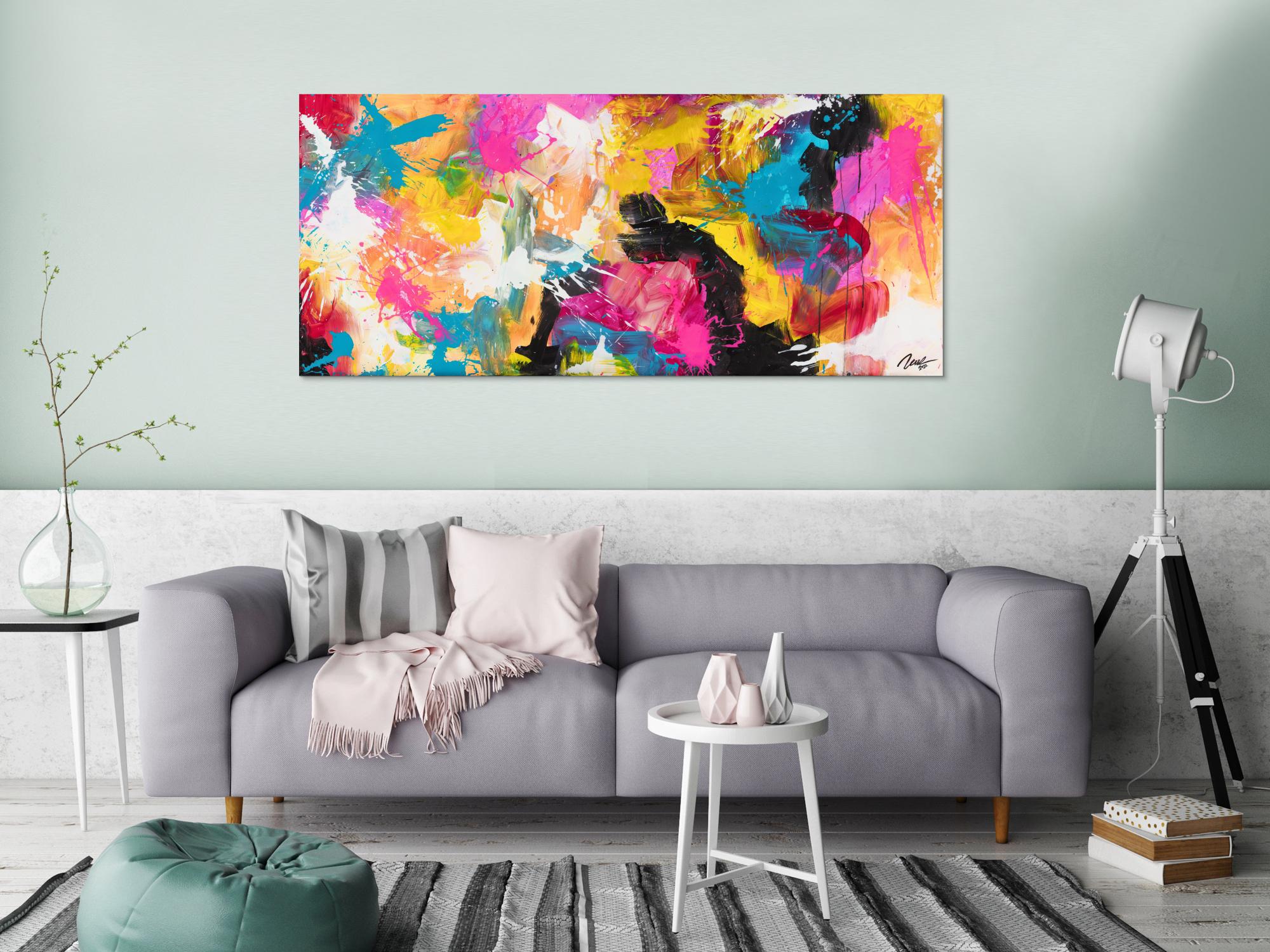 Gemälde Original abstrakt 70x160cm Minimalistisch Modern Art handgemalt Action Painting schwarz orange rot Unikat